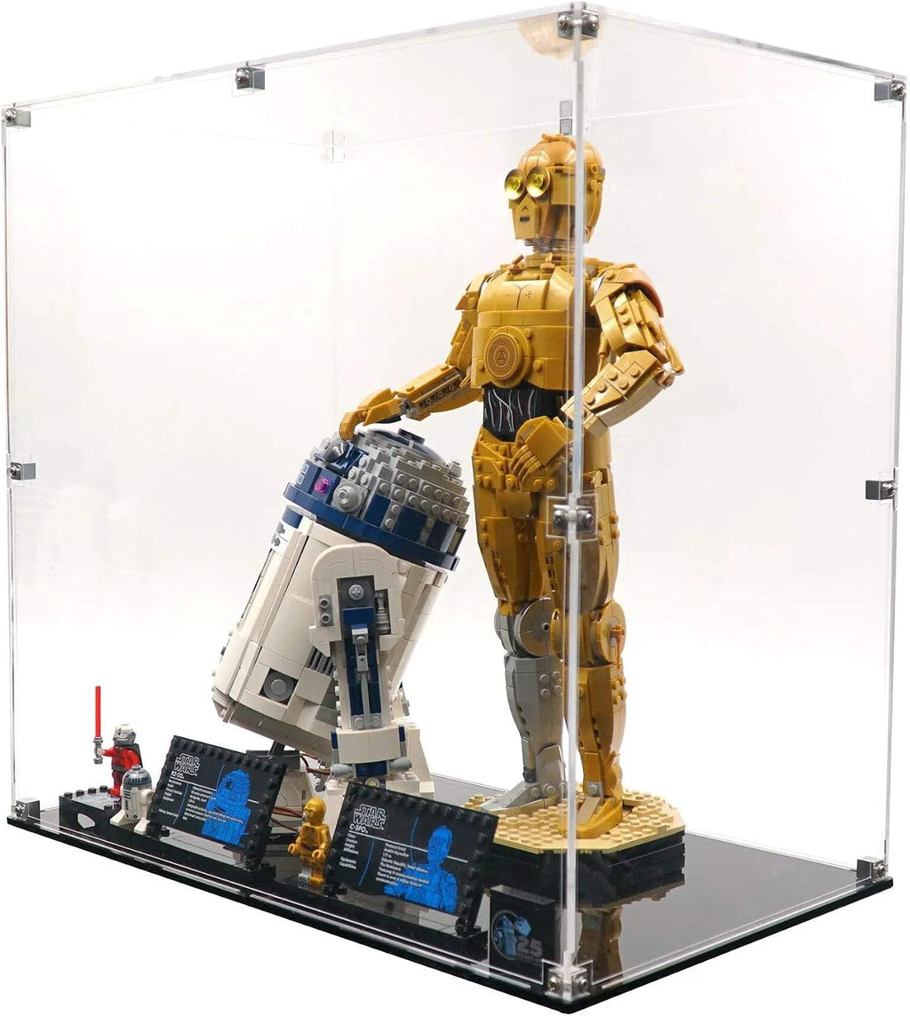 Display Case Compatible with Lego 75398 and 75379 - C-3PO and R2-D2 - Acrylic Dustproof Showcase with Pre-Printed Background - Set Not Included
