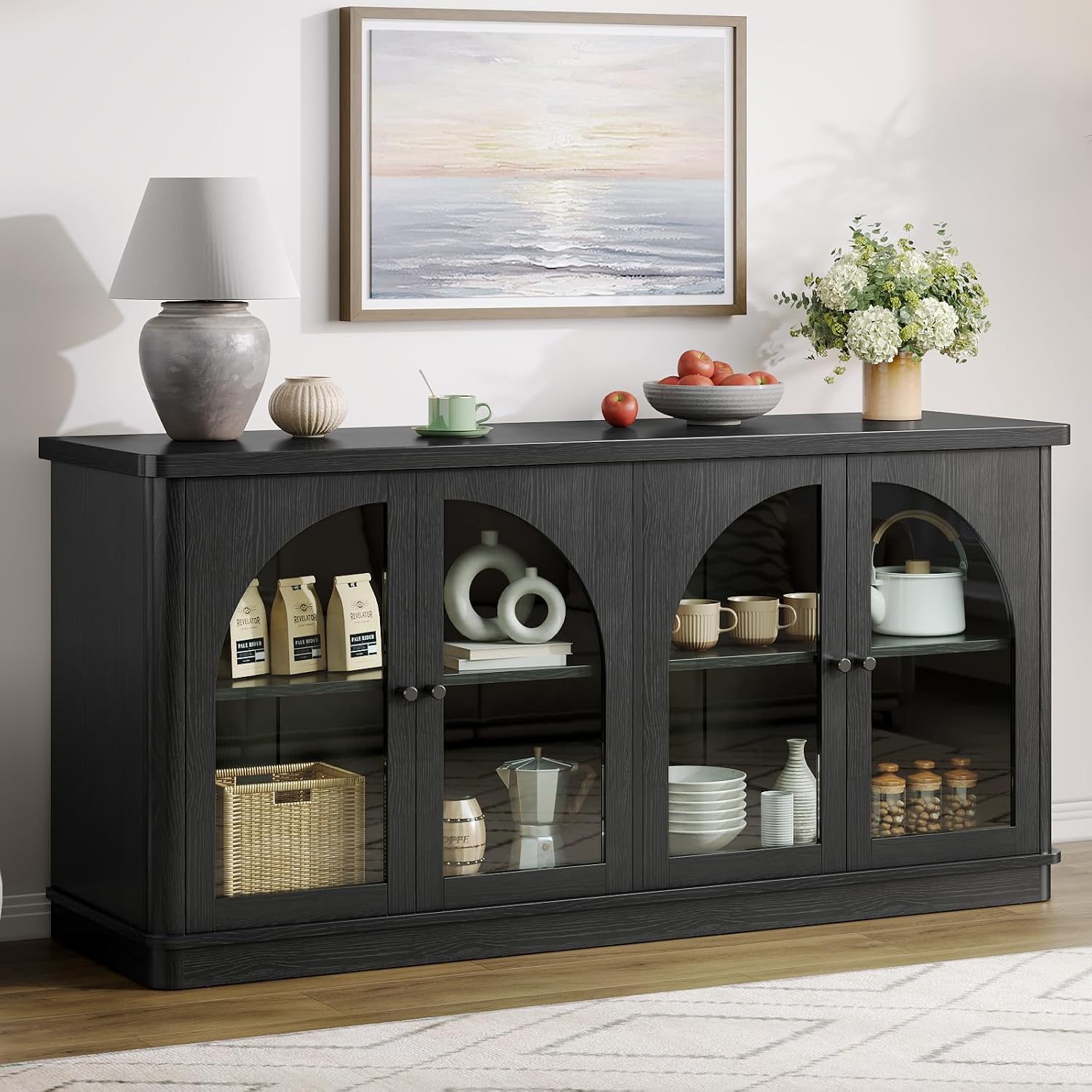 ONBRILL 63 Inch Sideboard Buffet Cabinet, Modern Arched Buffet with Glass Doors, Large Curved Cabinets with Storage, Console Credenza w/Adjustable Shelves for Living Room, Kitchen, Entryway, Black