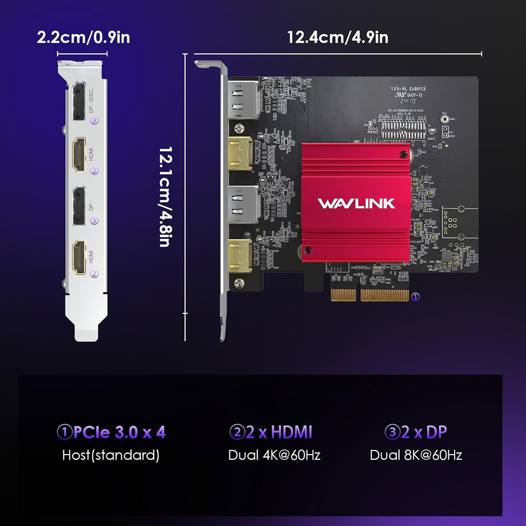 WAVLINK 8K/4K PCIE 4 Monitors Card - 2DP+2HDMI, PCIE to HDMI & DP Adapter Supports Extend 4 Monitors Output for Windows 11/10 & Ubuntu with DisplayLink DL7400(Non-Gaming GPU)