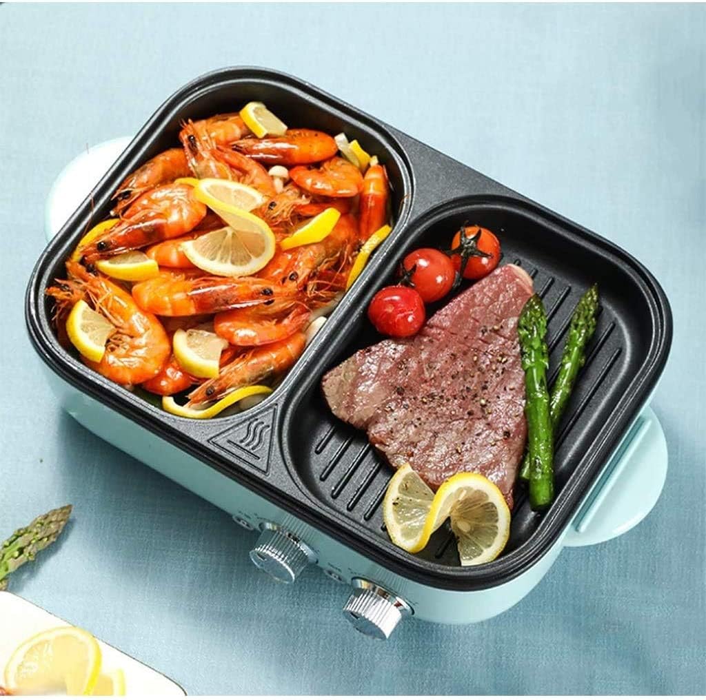 Portable Indoor Electric Bbq Grill Smokeless, 2 in 1 Electric Pan Shabu Hot Pot BBQ Frying Cook Grill with Adjustable Thermostat Easy Clean Non-Stick Griddle