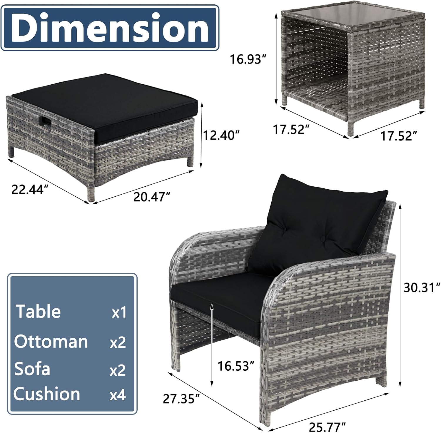 5 Pieces PE Wicker Outdoor Chairs with Ottoman, 5 PCS Rattan Patio Furniture Chairs with Pull Out Ottoman & Side Table for Porch Balcony Sunroom, Black