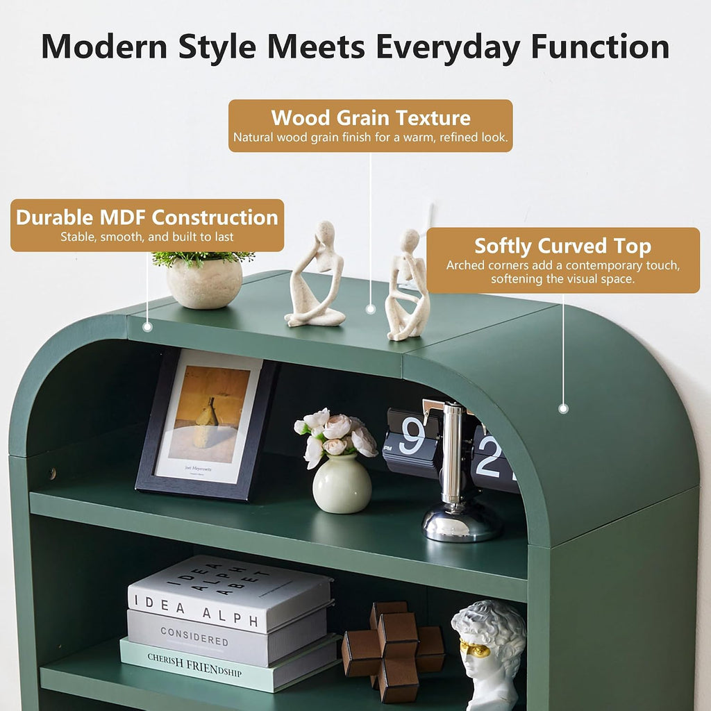 LEVNARY 70' Tall Arched Bookcase, 7-Tier Freestanding Storage Cabinet with Adjustable Shelves, Thick MDF Bookshelf for Bathroom Living Room Bedroom (Green)