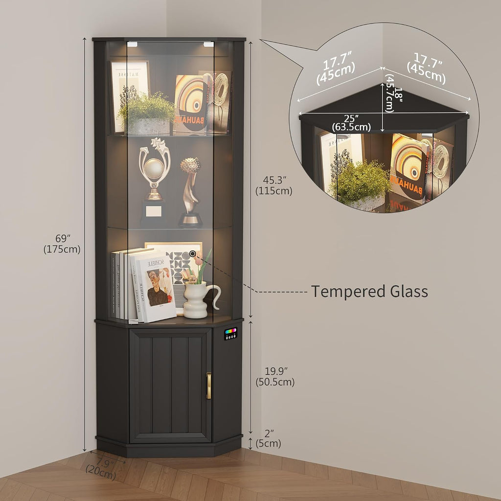HNEBC 69' Tall Curio Display Cabinet with Glass Door and Movable Shelves,Corner Bookcase with LED Human Sensor Lights,5-Tier RGB Display Case for Collectibles,Bedroom Living Room