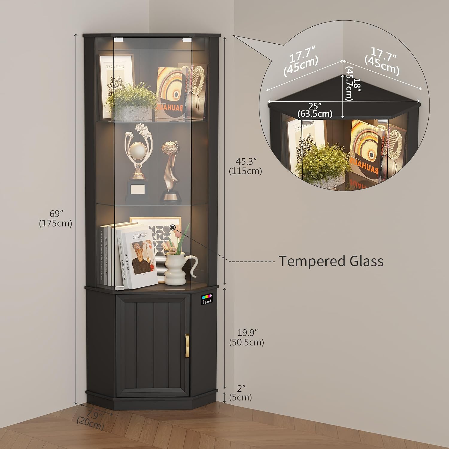 HNEBC 69' Tall Curio Display Cabinet with Glass Door and Movable Shelves,Corner Bookcase with LED Human Sensor Lights,5-Tier RGB Display Case for Collectibles,Bedroom Living Room