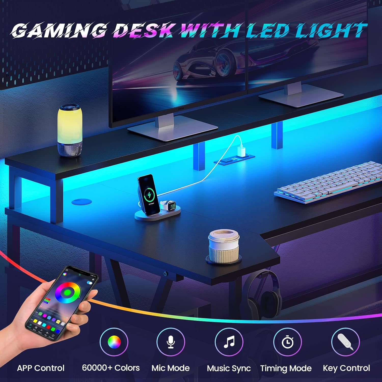 SEDETA Gaming Desk 70.8'' with LED Lights and Storage Shelves, Computer Desk with Monitor Stand, Power Outlets and Cup Holder, Large PC Gamer Desk, Gaming Table for Bedroom, Living Room, Black