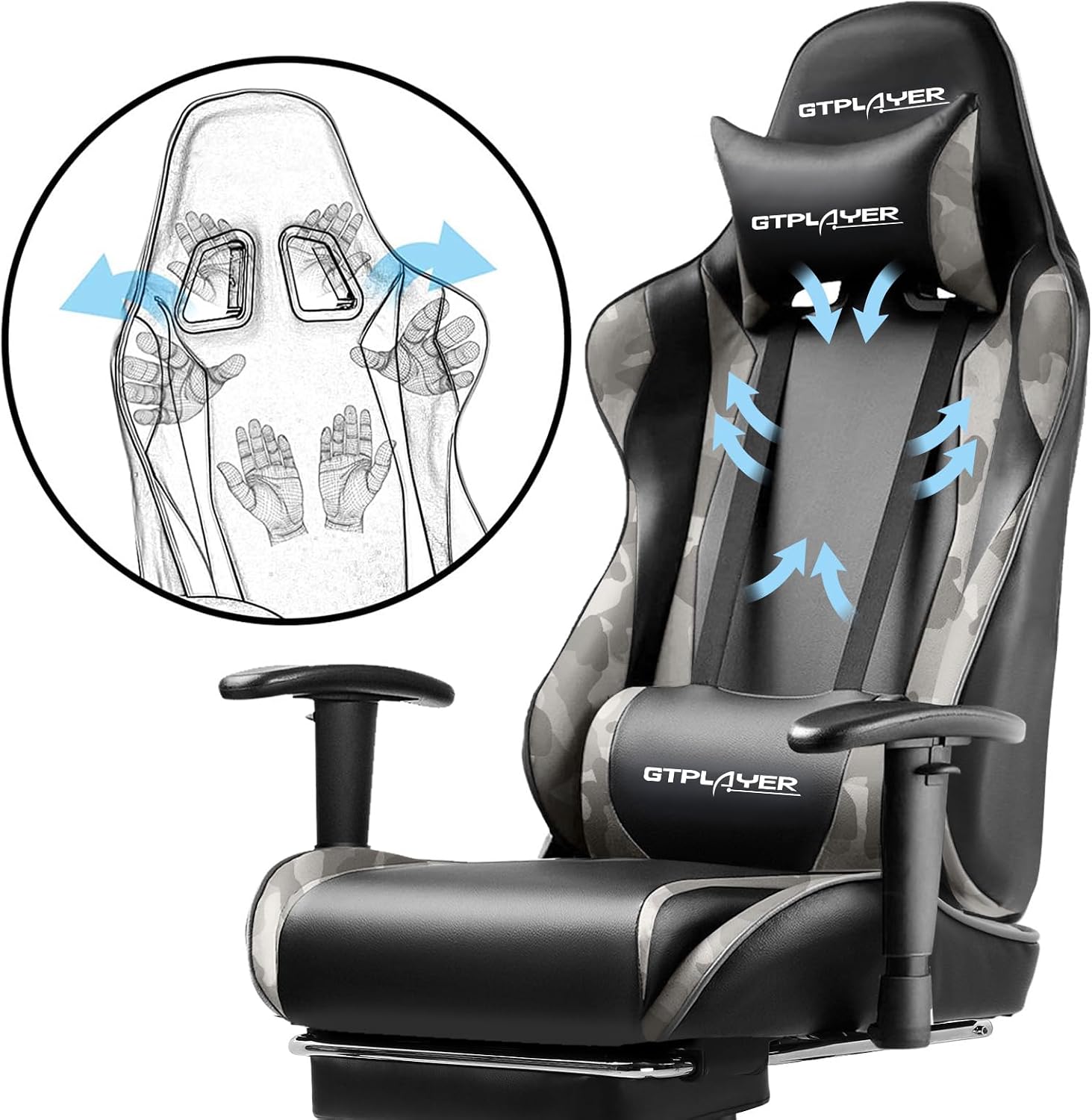 GTPLAYER Gaming Chair with Footrest, Ergonomic Computer Game Desk Chair, Reclining Game Chair Seat Height Adjustment, Swivel Rocker with Headrest and Lumbar (Camouflage)