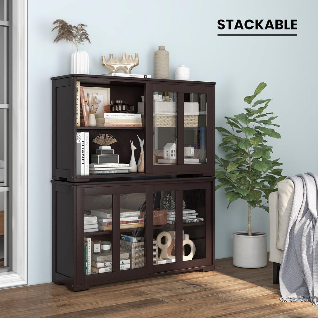COSTWAY Buffet Sideboard with Storage, 2-Door Floor Cupboard with Sliding Tempered Glass Cabinet & Adjustable Shelf, Stackable Storage Cabinet for Kitchen, Entryway (Brown)