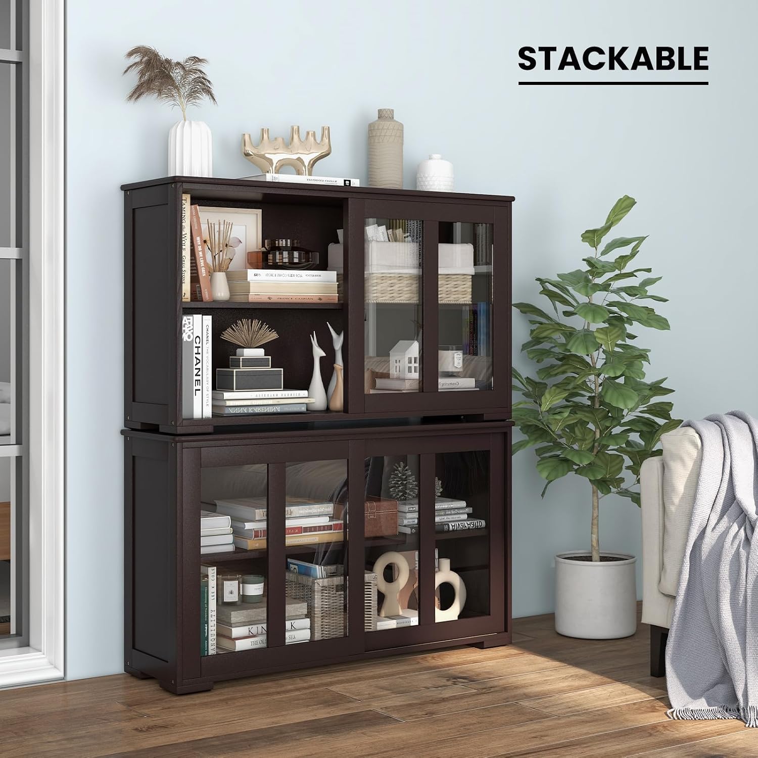 COSTWAY Buffet Sideboard with Storage, 2-Door Floor Cupboard with Sliding Tempered Glass Cabinet & Adjustable Shelf, Stackable Storage Cabinet for Kitchen, Entryway (Brown)