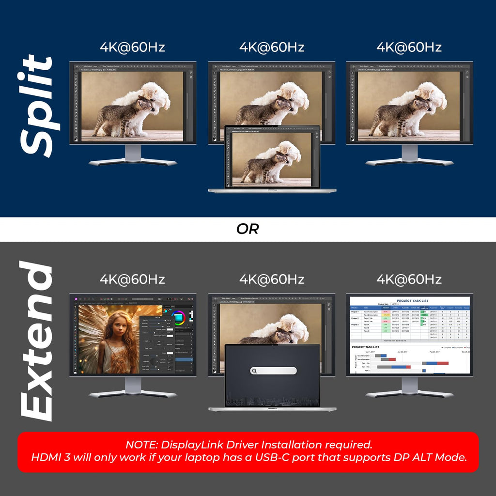 OREI DisplayLink Docking Station 3 Monitors – 3X 4K@60Hz HDMI – 6X USB (4X USB 3.0), Gigabit Ethernet, 100W PD, AUX – Triple Monitor Docking Station with Win & Mac Support