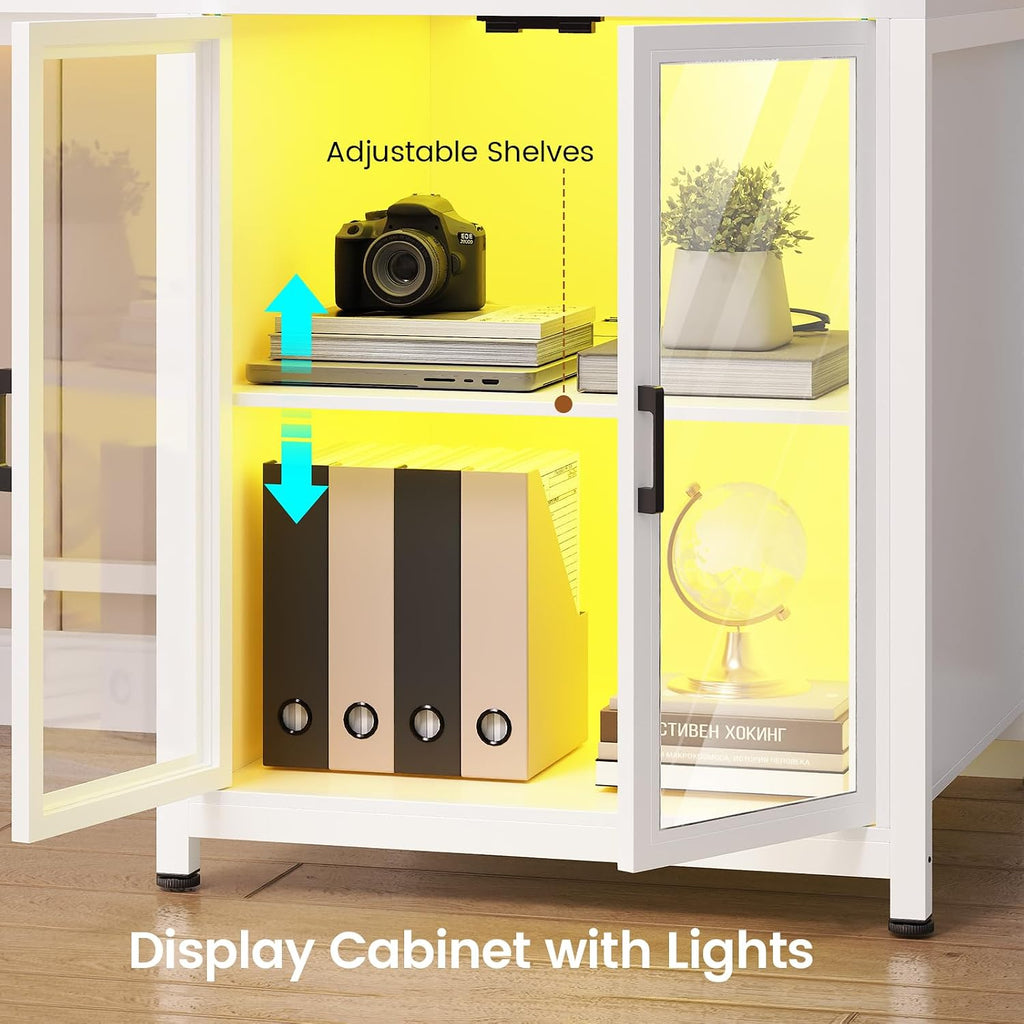 SEDETA 78.7' Large Gaming Computer Desk with Storage Drawers, Reversible L Shaped Office Desk with Display Cabinet and Power Outlet, Corner Gaming Desk with LED Lights for Home Office, White