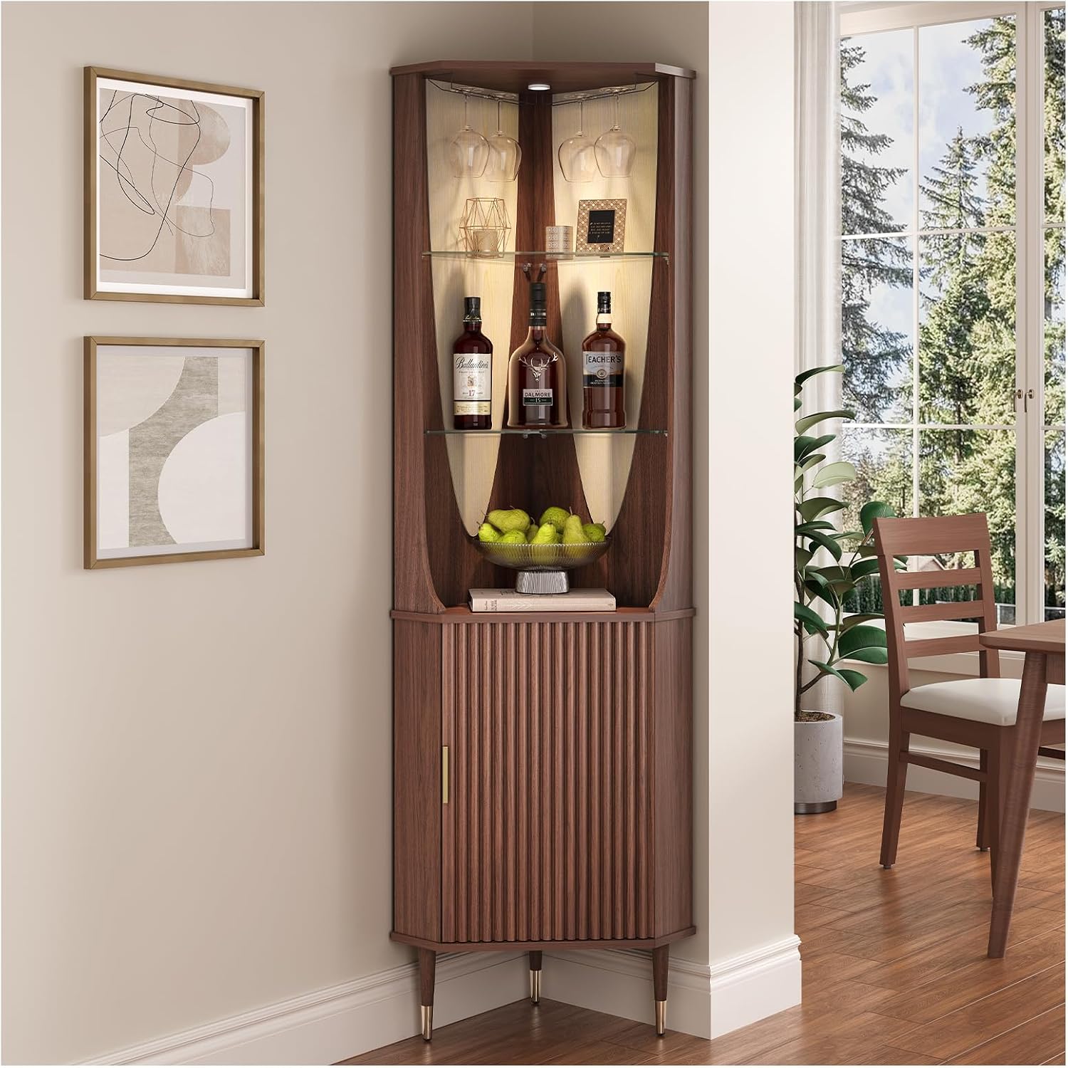 JOINICE 70' Tall Corner Cabinet,Mid Century Modern Cabinet with Doors,Fluted Corner Bar Cabinet with Glass Holder,Lights and Storage Shelves,Wine Bar Cabinet for Liquor, Living Room, Kitchen, Walnut