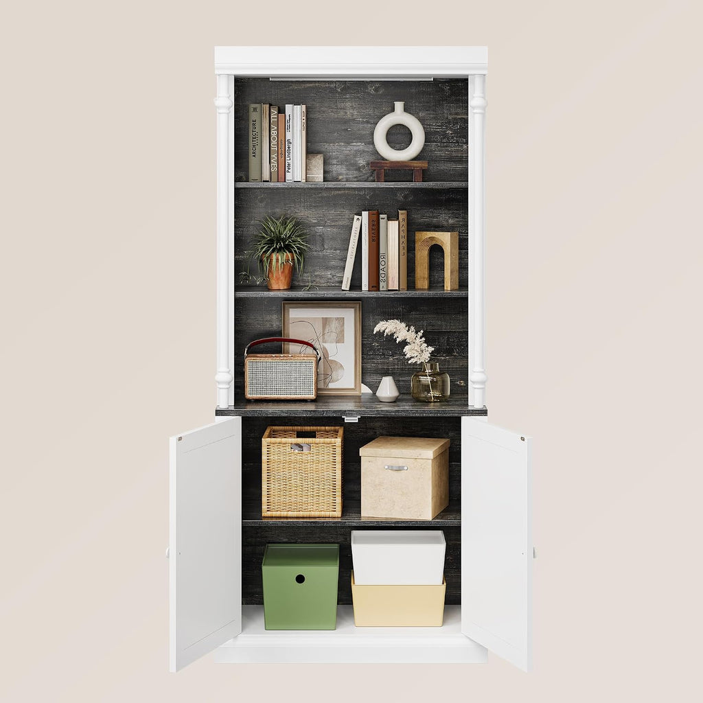 GarveeHome Tall Storage Bookcase with 3-Tier Open Shelves and Double Door, Roman Column Design and 4 Adjustable Lights, White & Black Wood Grain Display Storage Cabinet for Home Office, Living Room