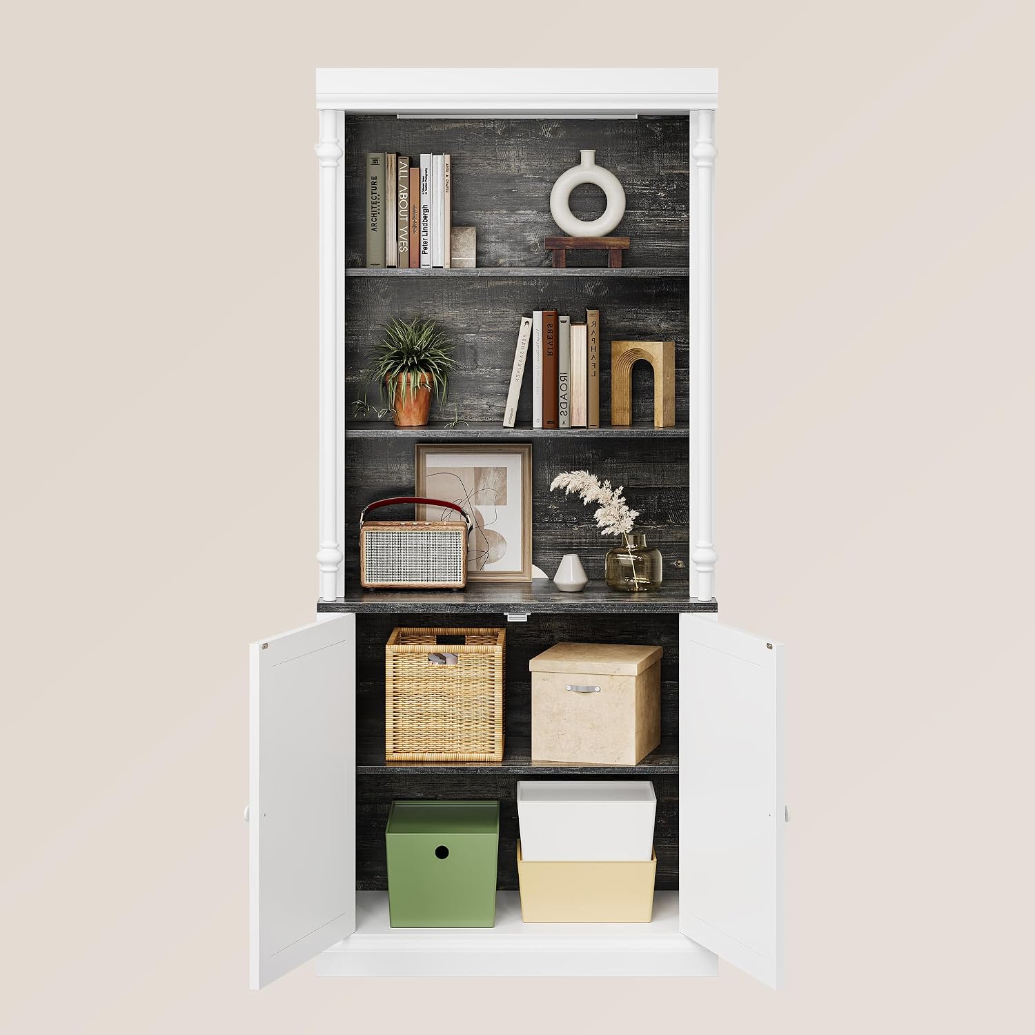 GarveeHome Tall Storage Bookcase with 3-Tier Open Shelves and Double Door, Roman Column Design and 4 Adjustable Lights, White & Black Wood Grain Display Storage Cabinet for Home Office, Living Room
