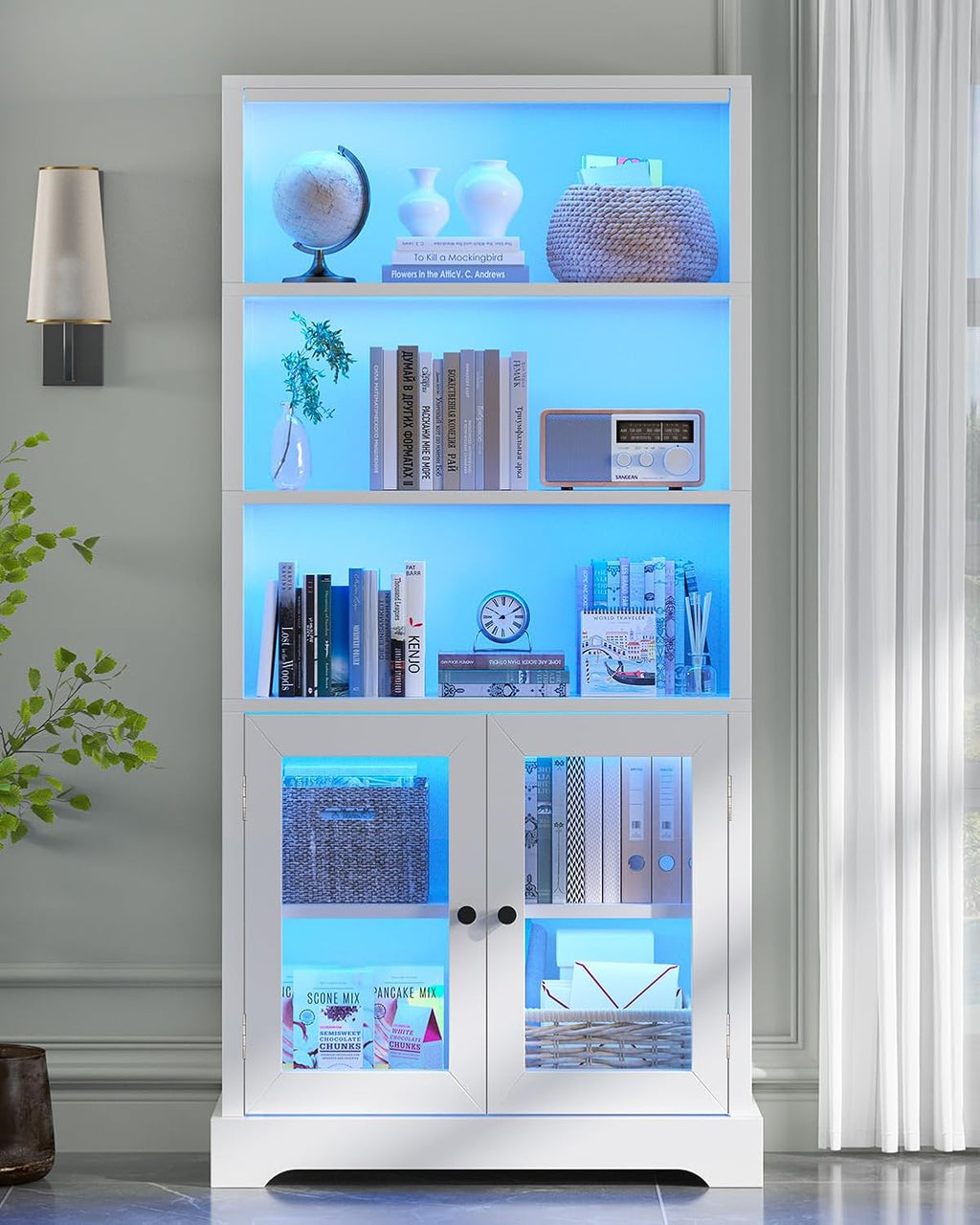 TVU 5-Tier Bookshelf, 65' Bookshelf with Multi-Color Ambient Lights (APP Remote Control), Tall Vertical Display Shelf with Cabinet Doors, Suitable for Living Room, Bedroom, Study, Office, White