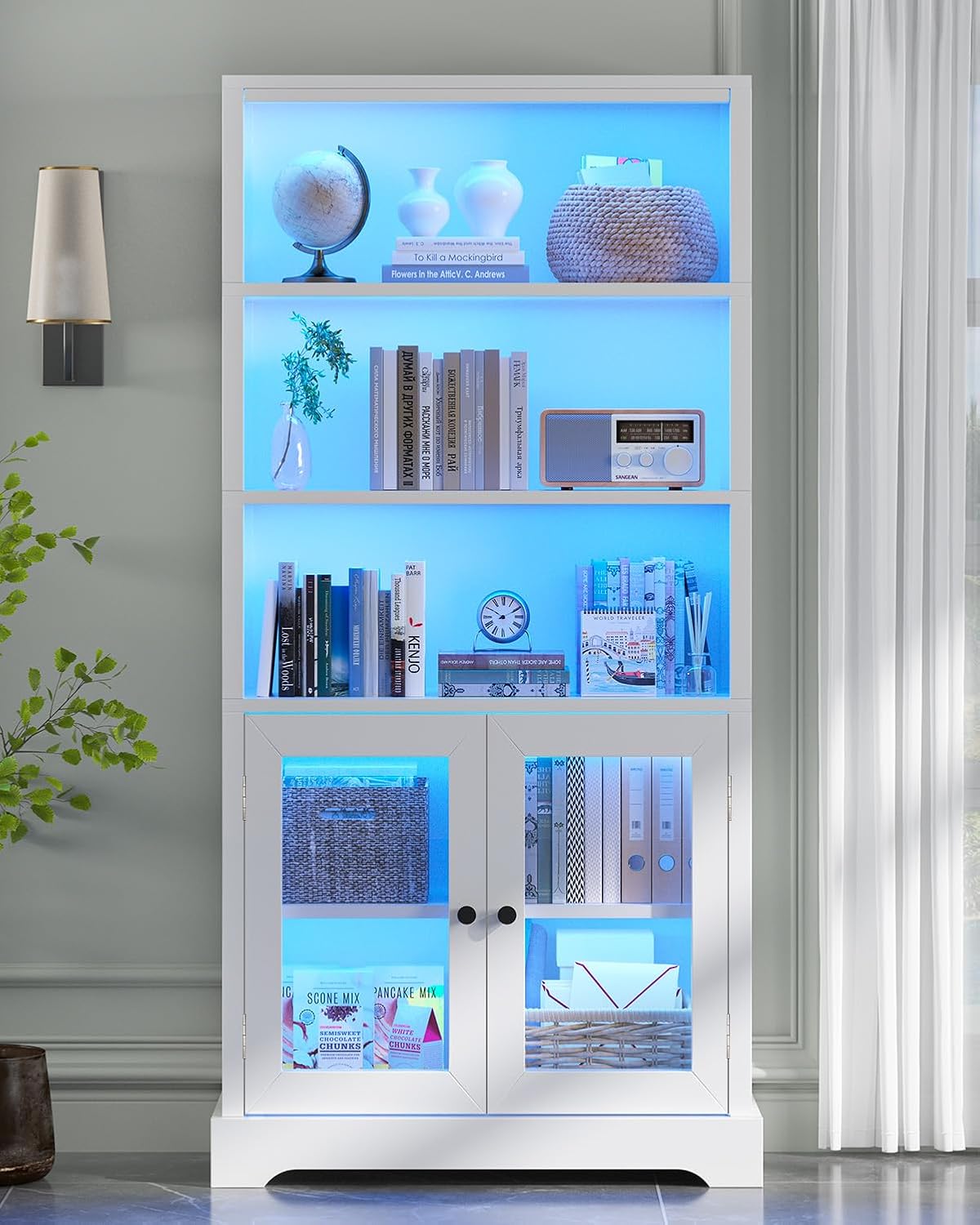 TVU 5-Tier Bookshelf, 65' Bookshelf with Multi-Color Ambient Lights (APP Remote Control), Tall Vertical Display Shelf with Cabinet Doors, Suitable for Living Room, Bedroom, Study, Office, White