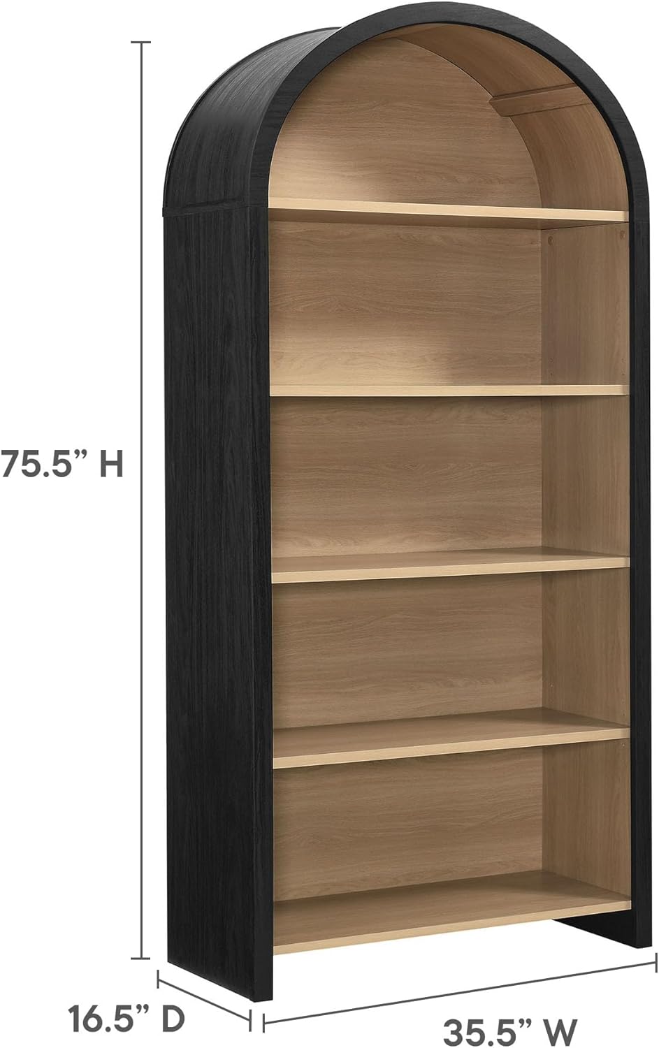 Modway Evie Modern Arched Wide Bookcase in Black - 76 Inch Open Shelf Display Cabinet - Stylish 5-Tier Bookshelf for Living Room, Dining Room, or Home Office