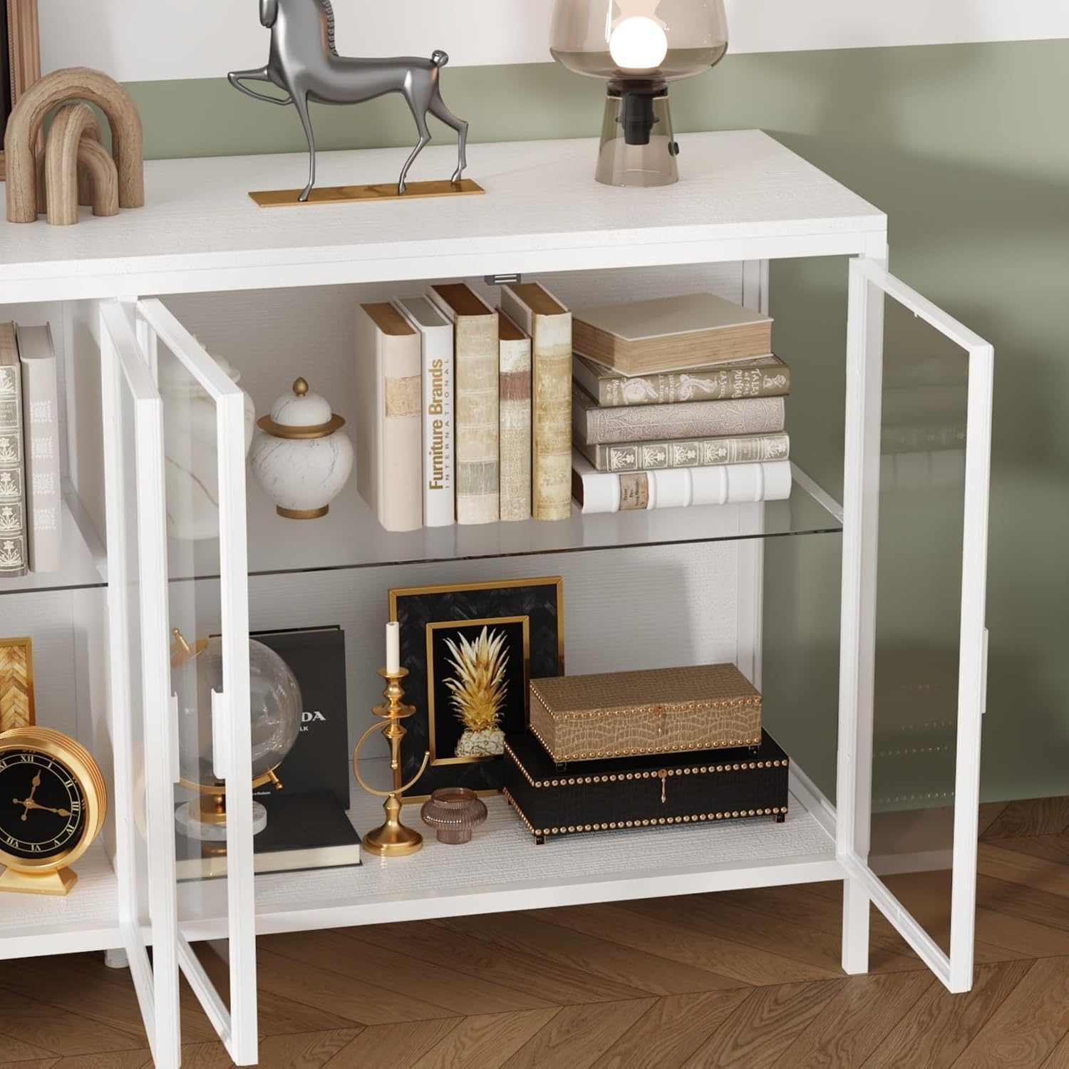 Display Cabinet with Glass Doors & LED Lights, Sideboard Buffet with Glass Shelves & Metal Frame, for Living Room White, 55.1'W x 15.7'D x 29.5'H