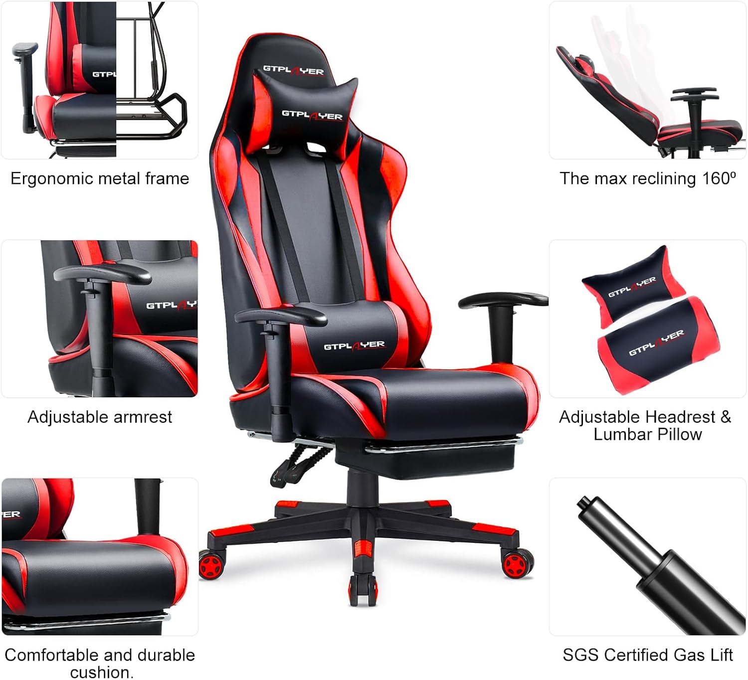 GTPLAYER Gaming Chair with Footrest, Ergonomic Computer Game Desk Chair, Reclining Gamer Chair Seat Height Adjustment, Swivel Rocker with Headrest and Lumbar (Brickred)
