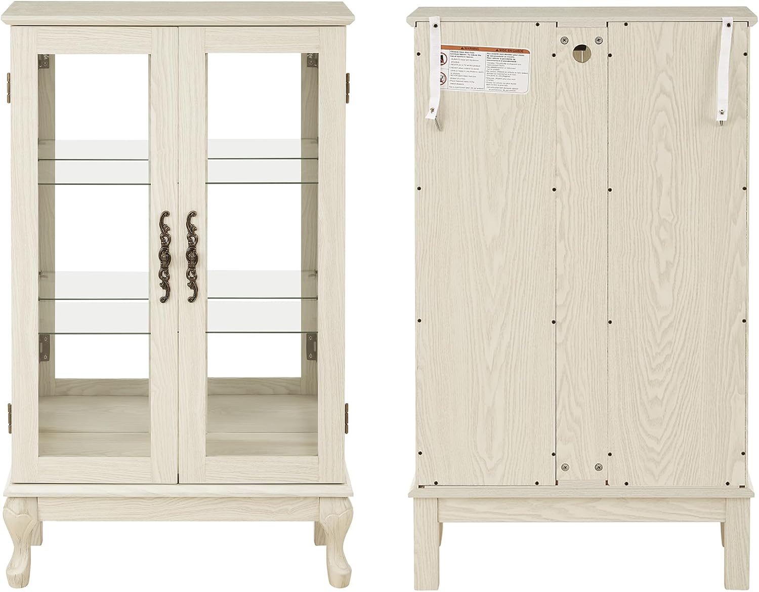 43' H Lighted Curio Cabinet Display Case, Glass Curio Cabinet with Adjustable Shelves & Tempered Glass Door, Wooden Cabinets with Mirrored Back Pane for Living Room (Antique White)