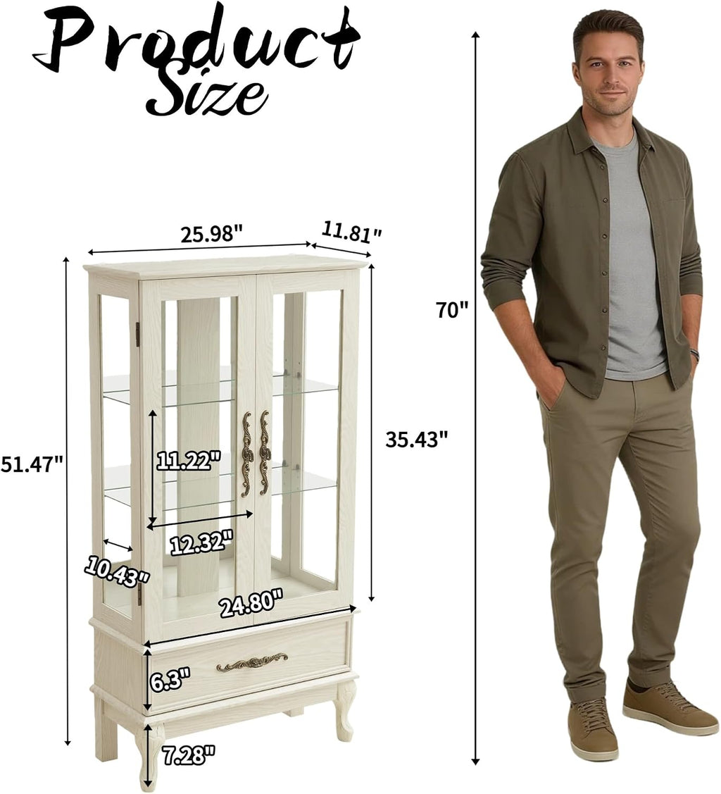 51'H Lighted Curio Display Cabinet with 2 Doors & 1 Drawer, Wooden Glass Curio Showcase w/ Adjustable Shelves & Mirrored Back Panel, Storage Cabinet Display Case for Living Room(Antique White)