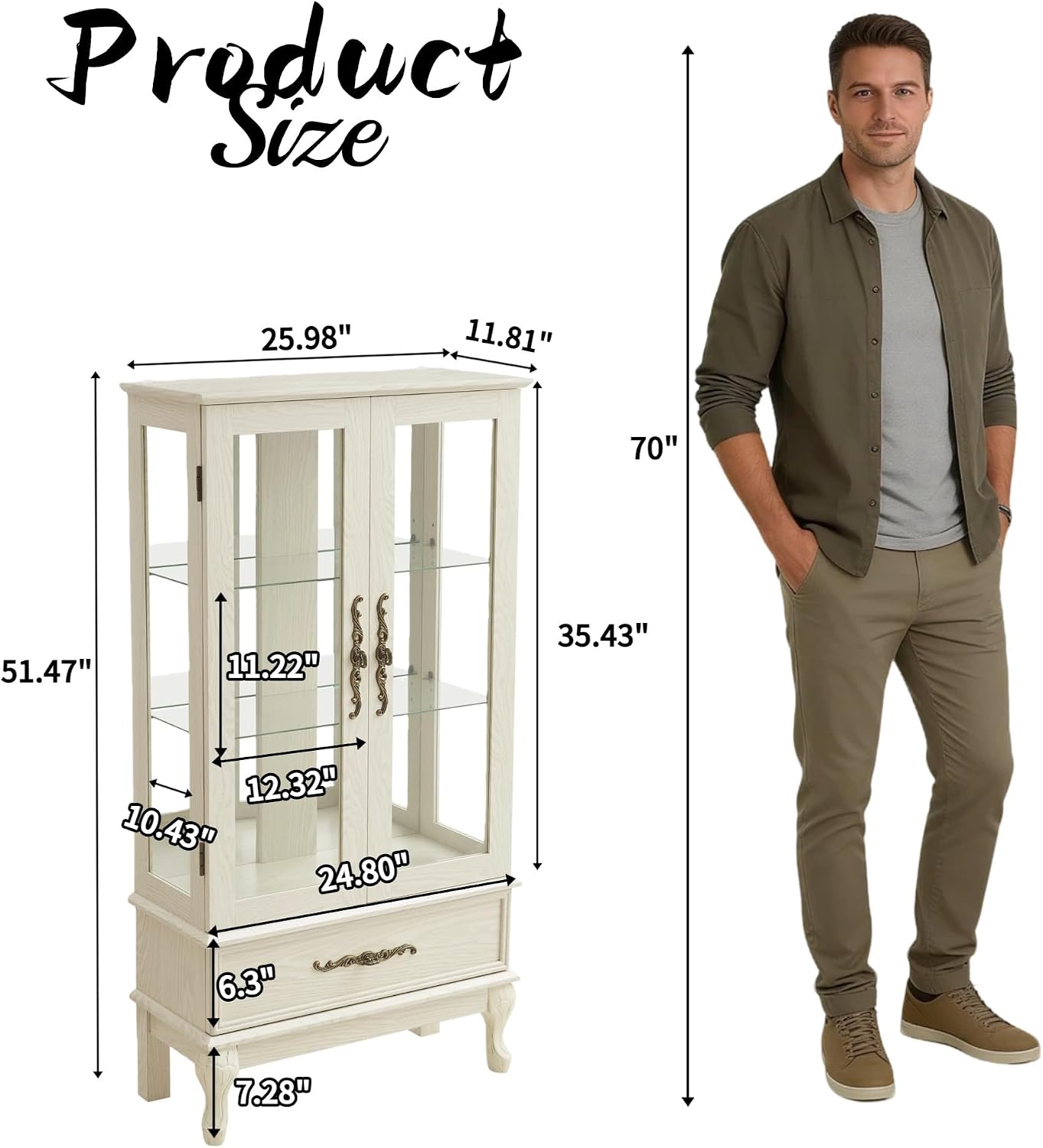 51'H Lighted Curio Display Cabinet with 2 Doors & 1 Drawer, Wooden Glass Curio Showcase w/ Adjustable Shelves & Mirrored Back Panel, Storage Cabinet Display Case for Living Room(Antique White)