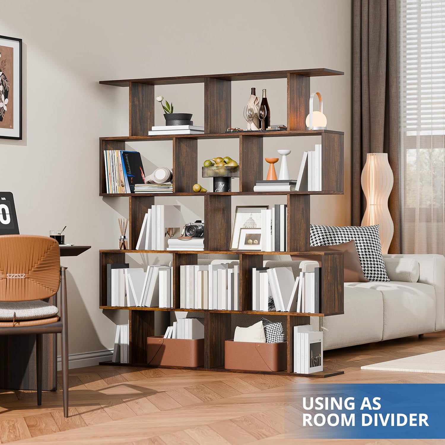 Cozy Castle Set of 2 Geometric Bookcase, S-Shaped Modern Bookshelf, Room Divider Bookshelf, 62' Tall Unique Abstract Bookcase with 5-Tier Display Shelf for Living Room Office, Rustic Brown