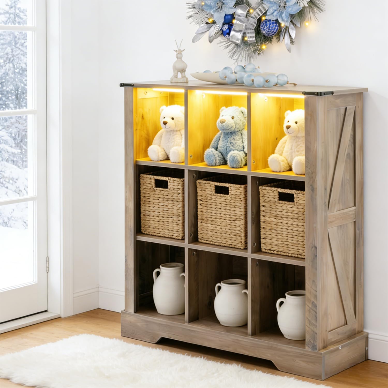 9 Cube Storage Organizer with LED Lights, Wooden Cube Bookcase with Back Panel, Grey Cube Shelf Freestanding Bookshelf, Hallway TV Stand for Living Room, Bedroom, Office