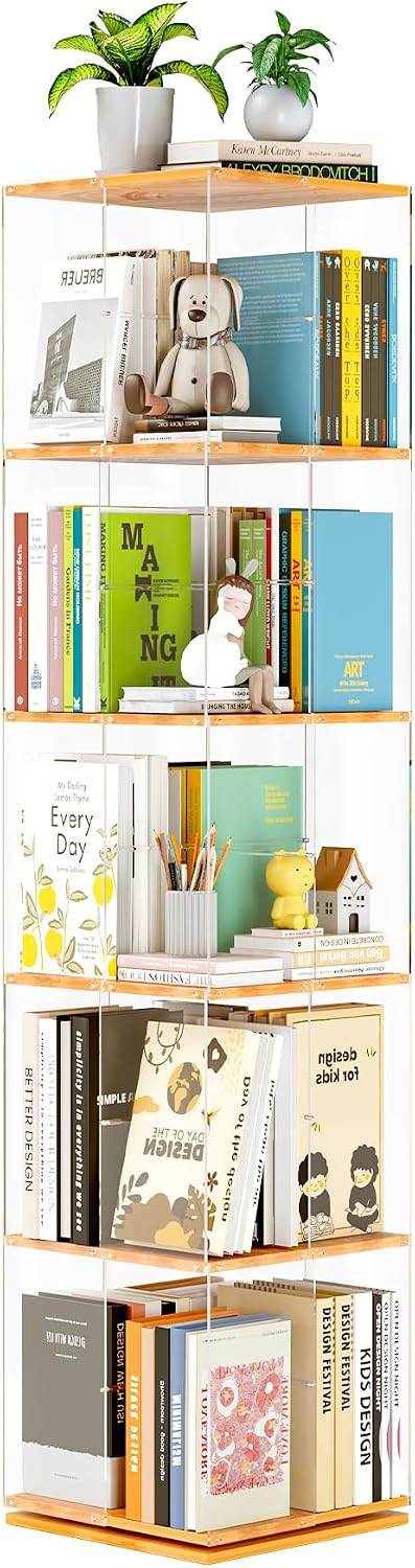 TAKEKIT 5-Tier Rotating Bookshelf, 360° Spinning Book Shelf Tower with Solid Wood & Clear Acrylic, Square Revolving Bookcase for Kids Room, Living Room, Bedroom and Office