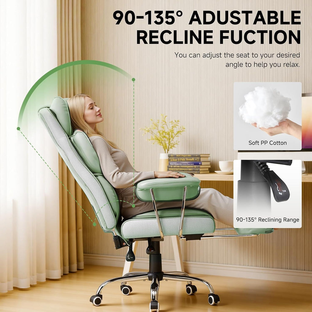 COMHOMA Big and Tall Office Chair, High Back Leather Gaming Chair with Footrest, Executive Ergonomic Office Chairs with Pocket Spring Lumbar Support and with Outward Fixed Soft Armrests