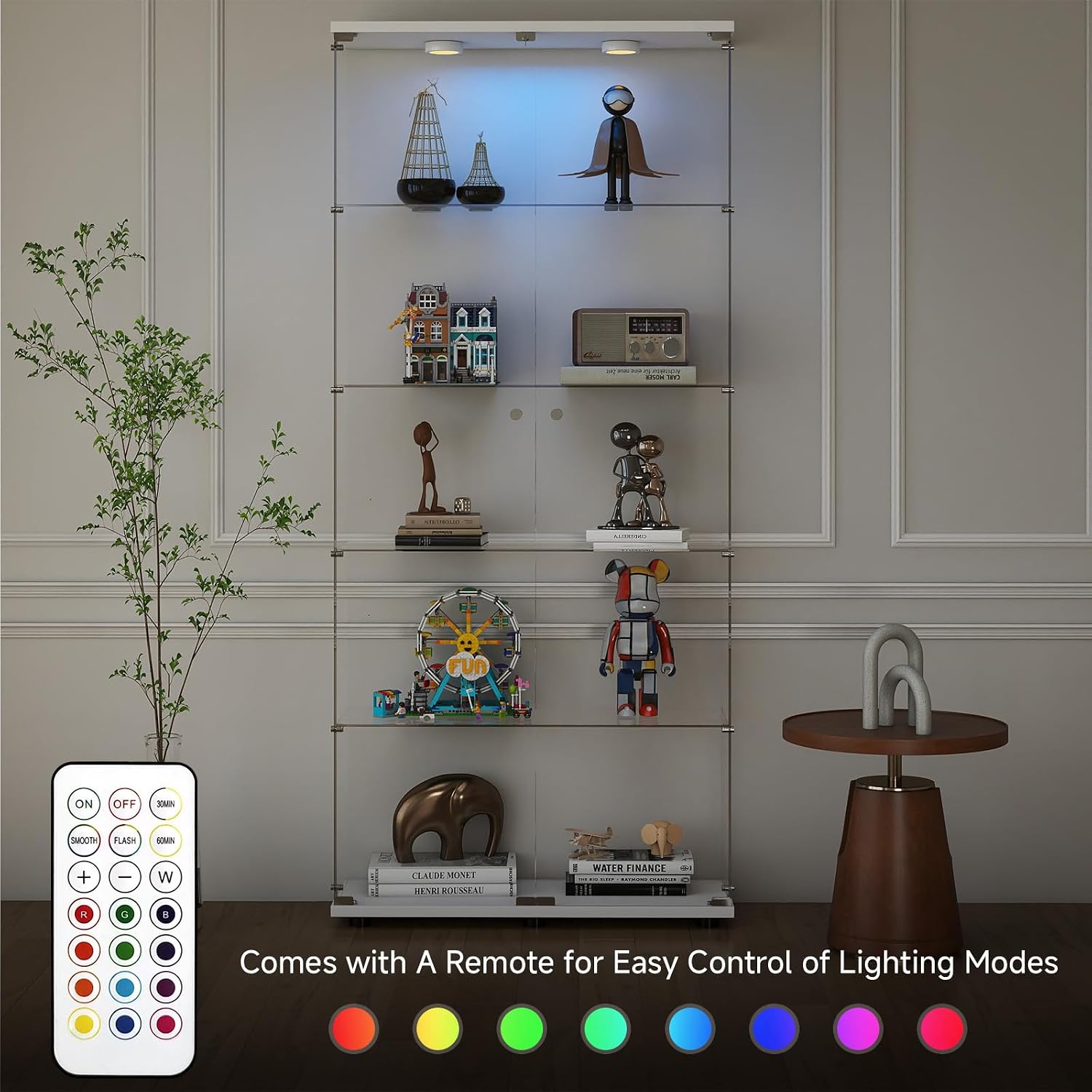 Zevemomo 5-Tier Tempered Glass Display Cabinet with Lights, Curio Cabinet with Glass Doors and Lock, Glass Display Case for Collectibles, for Living Room Bedroom Office, Double Door, White