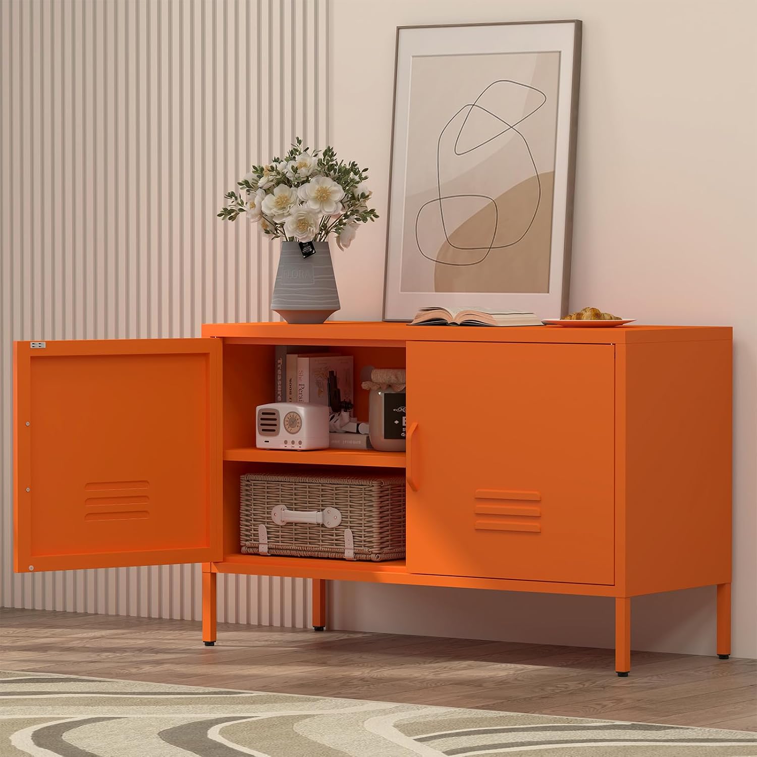 IRONFFICE Locker Cabinet,Metal Storage Cabinet with 2 Doors,Morden TV Stand for Living Room,Bedroom,Orange