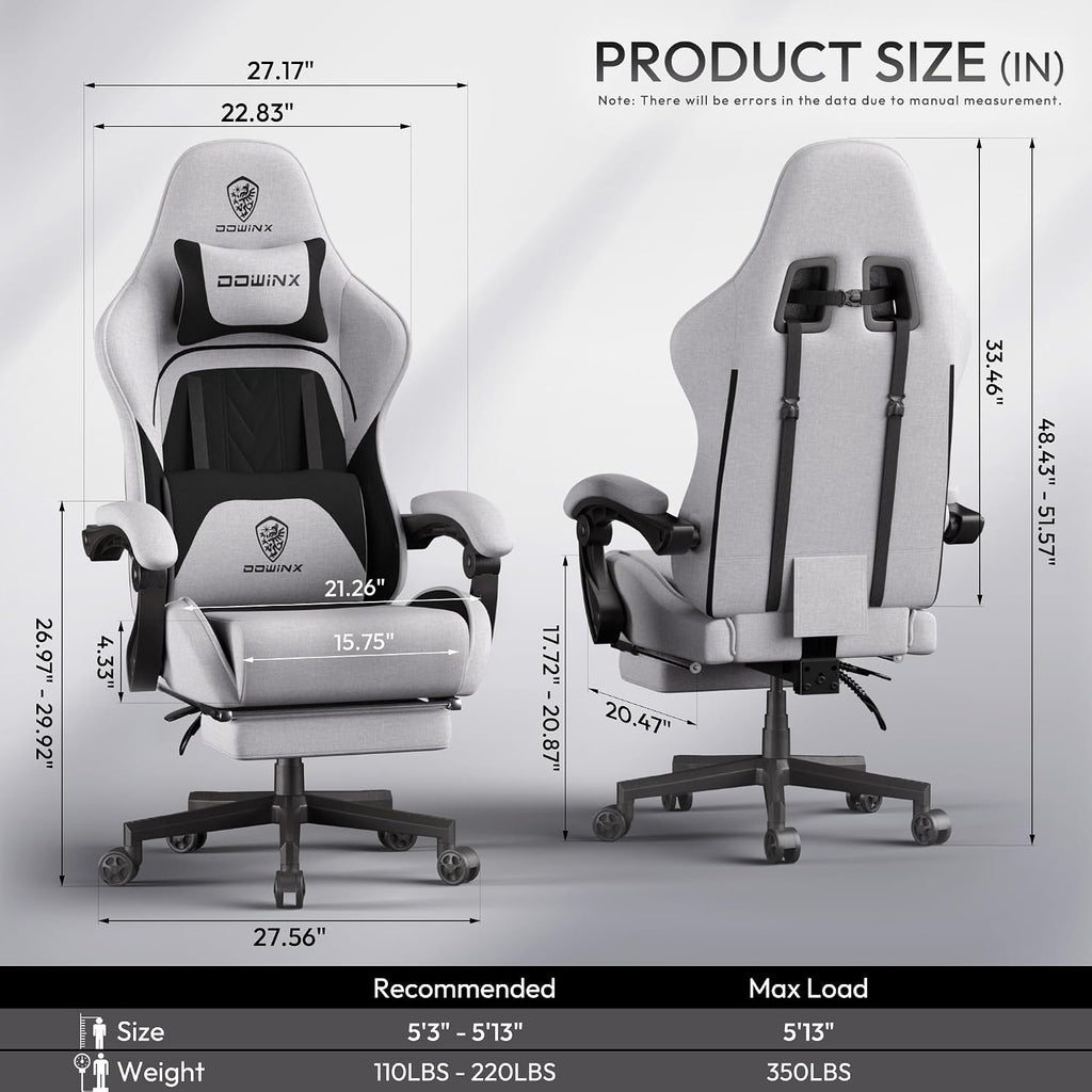 Dowinx Gaming Chair Fabric Big and Tall with Pocket Spring Cushion, Massage Game Chair Cloth with Headrest, Ergonomic Computer Chair with Footrest 350LBS, Black Grey