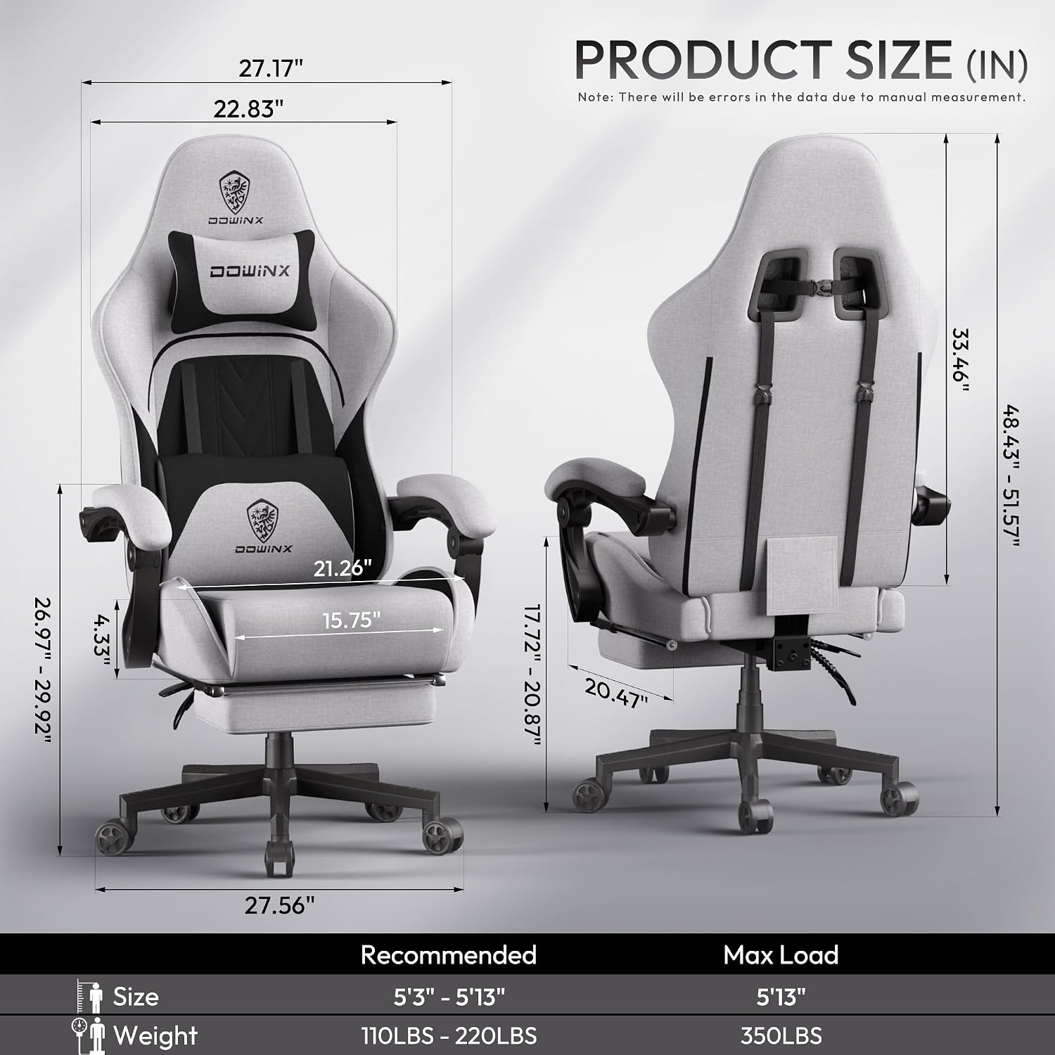 Dowinx Gaming Chair Fabric Big and Tall with Pocket Spring Cushion, Massage Game Chair Cloth with Headrest, Ergonomic Computer Chair with Footrest 350LBS, Black Grey