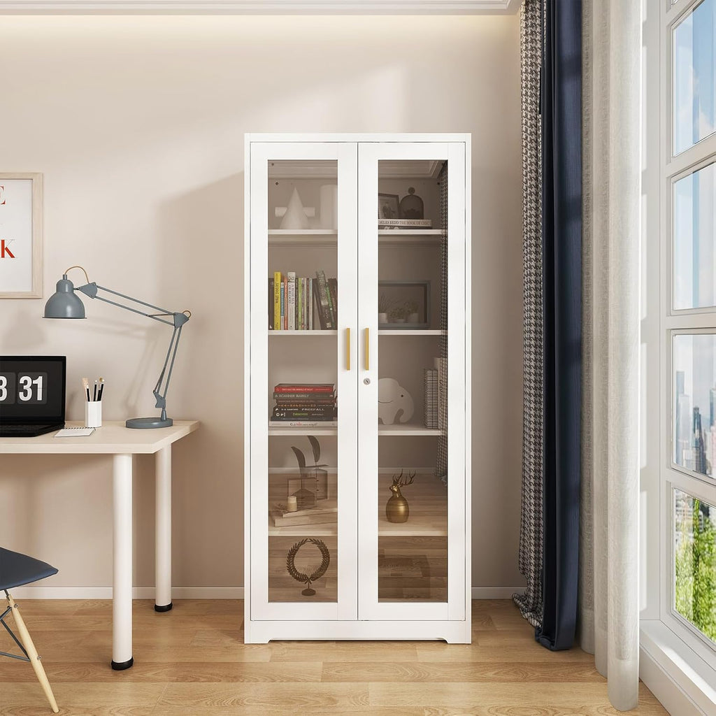 71' Glass Display Cabinet, Metal Storage Cabinet with Glass Doors, Curio Display Case with 4 Adjustable Shelves, White Locking Cabinets for Living Room, Kitchen, Hallway - Assembly Required