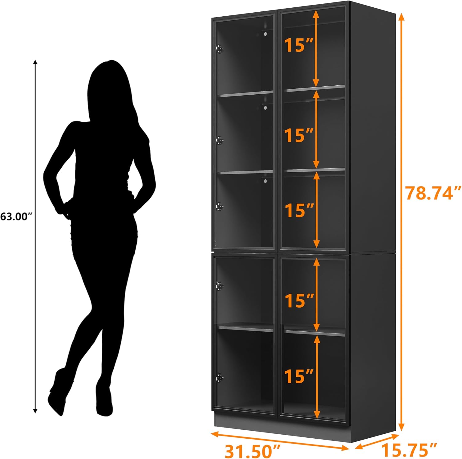 Wildhome Wooden Display Storage Cabinet with Glass Door, LED Lights,Showcase for Collections, Perfume, Vinyl Albums, Bookcase for Home Office, Living Room, Clinic, Pantry (5 Layers-Black)