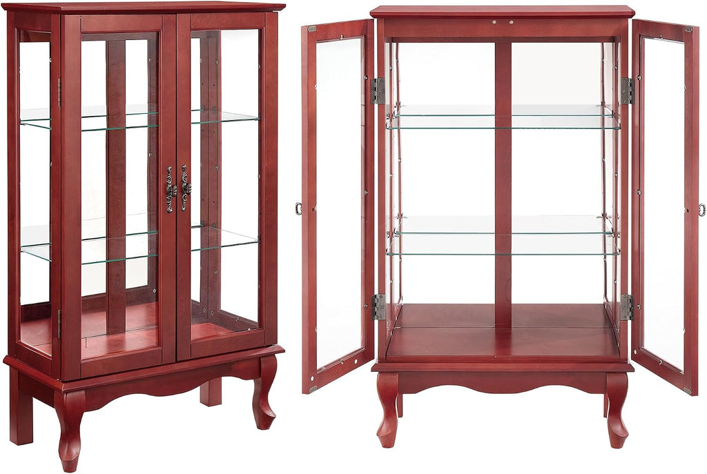 43'H Lighted Display Curio Cabinet, 3-Tier Glass Accent Storage Cabinet Curio Showcase w/ 2 Doors & Adjustable Shelves, Wine Artwork Storage Rack w/ Mirrored Back Panel for Living Room (Cherry)