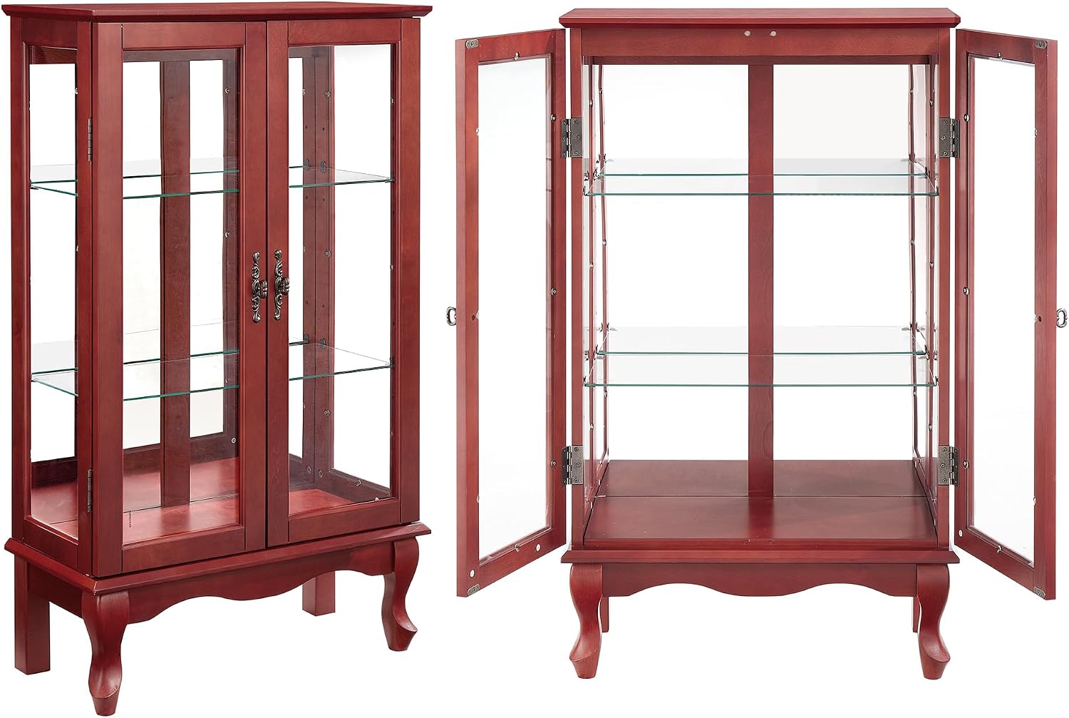 43'H Lighted Display Curio Cabinet, 3-Tier Glass Accent Storage Cabinet Curio Showcase w/ 2 Doors & Adjustable Shelves, Wine Artwork Storage Rack w/ Mirrored Back Panel for Living Room (Cherry)