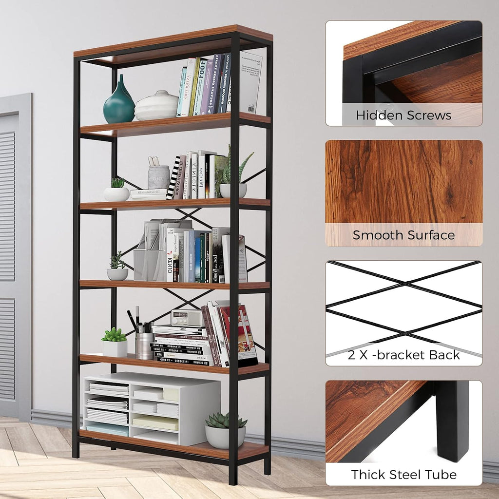 Himimi 6-Tier Bookshelf Set of 2,Tall Bookcase Industrial Wood Storage Rack with Open Book Shelves,Modern Metal Standing Organizer,Vintage Display Rack for Living Room, Office, Bedroom, Rustic Brown