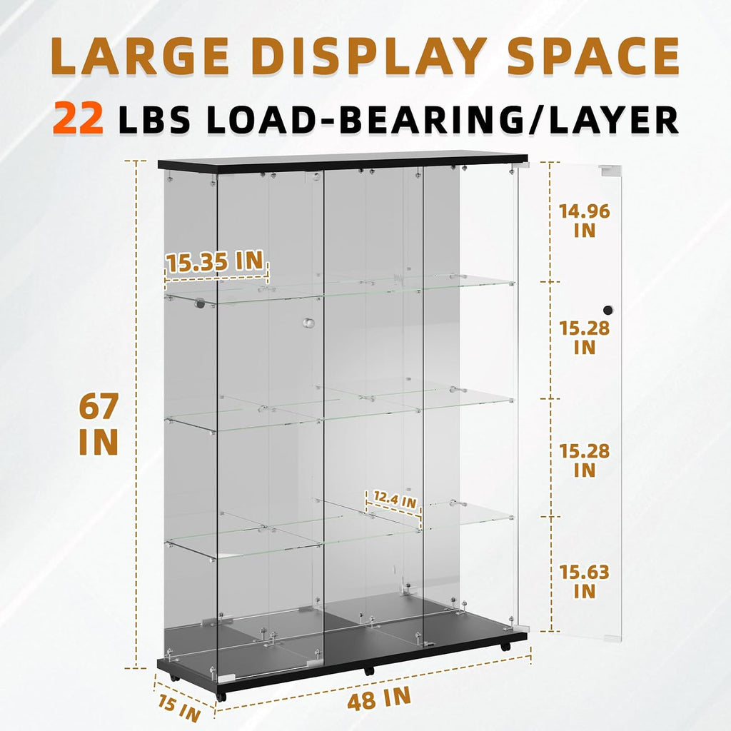 Glass Display Cabinet 12 Shelves with 2 Doors,Middle Open Display, Locking,LED Push Lights with Remote Control,4mm Tempered Glass Floor-to-Ceiling Glass Bookcase for Bedroom, Living Room,Black