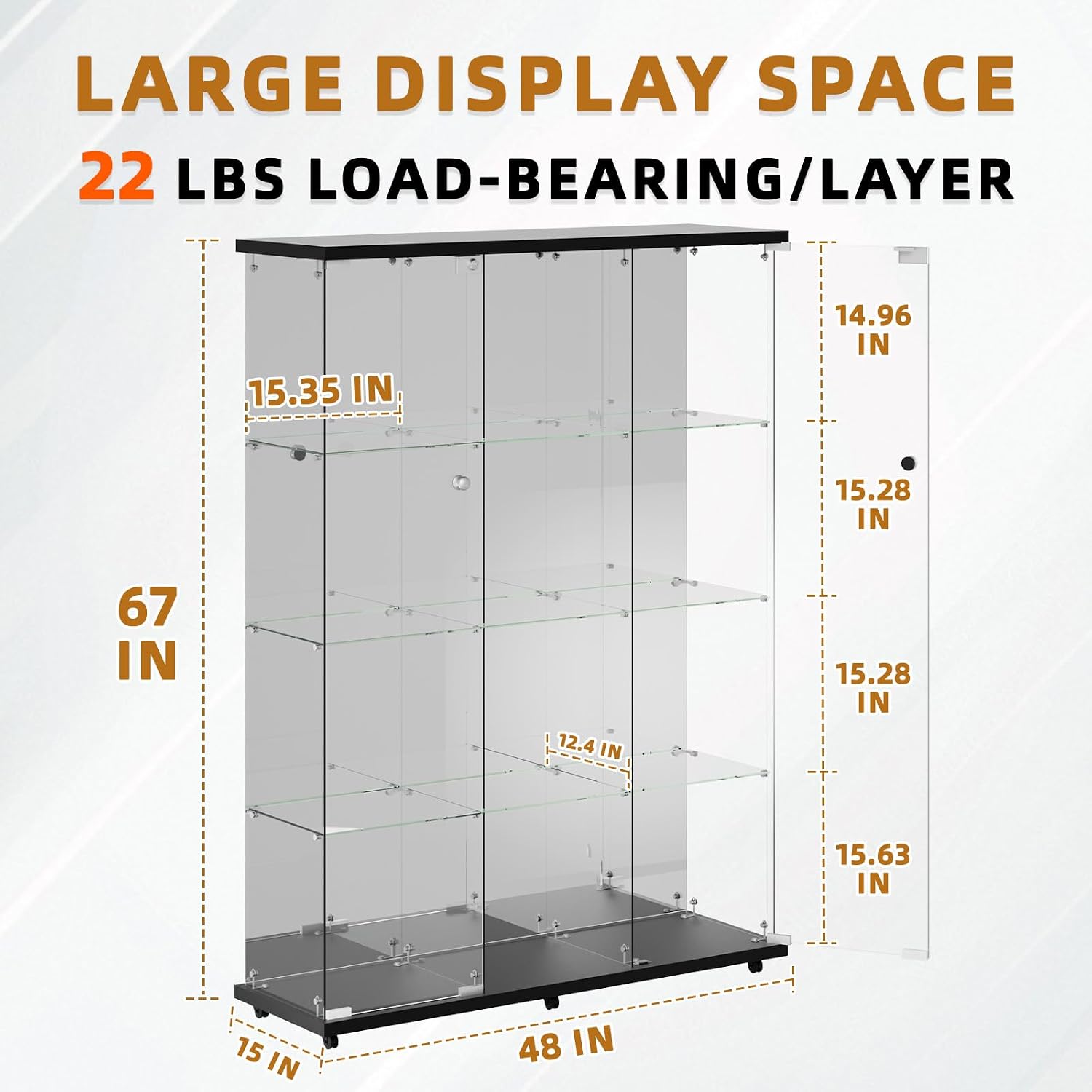 Glass Display Cabinet 12 Shelves with 2 Doors,Middle Open Display, Locking,LED Push Lights with Remote Control,4mm Tempered Glass Floor-to-Ceiling Glass Bookcase for Bedroom, Living Room,Black