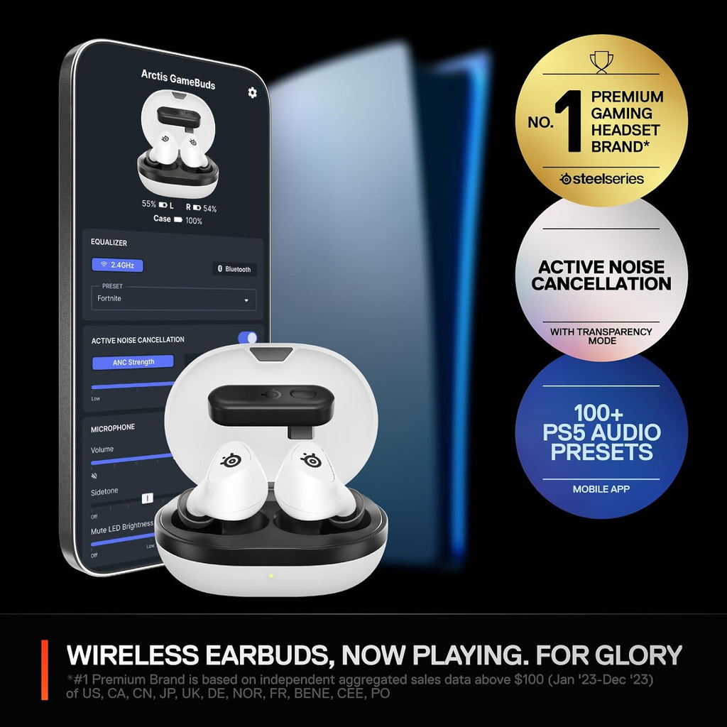 SteelSeries Arctis GameBuds for PlayStation/PC/Switch/Mobile — 2.4GHz + Bluetooth 5.3 Earbuds — ANC — Mobile App Sound Presets — Water Resistant IP55 — 40H Battery with Qi Charging Case - White