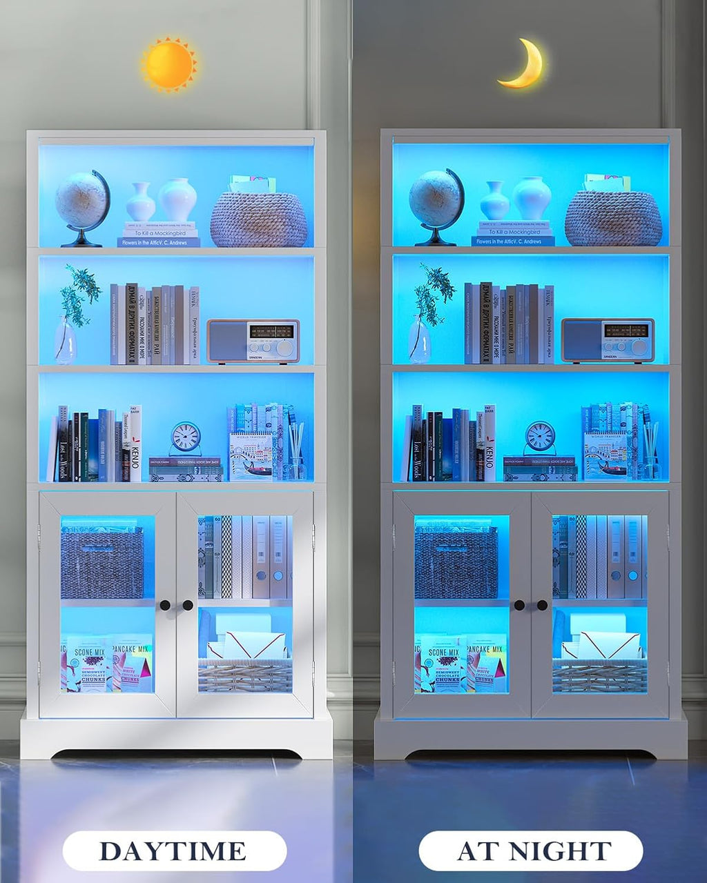 TVU 5-Tier Bookshelf, 65' Bookshelf with Multi-Color Ambient Lights (APP Remote Control), Tall Vertical Display Shelf with Cabinet Doors, Suitable for Living Room, Bedroom, Study, Office, White