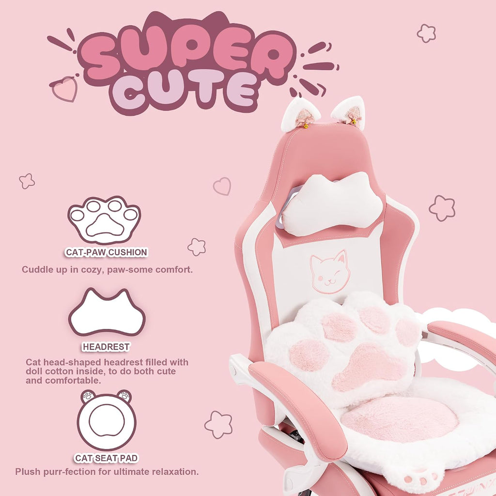 Dowinx Gaming Chair Cute with Cat Ears and Paw Lumbar, Ergonomic Computer Chair for Girl with Footrest and Headrest, Comfortable Reclining Game Chair 290lbs for Adult, Teen, Pink