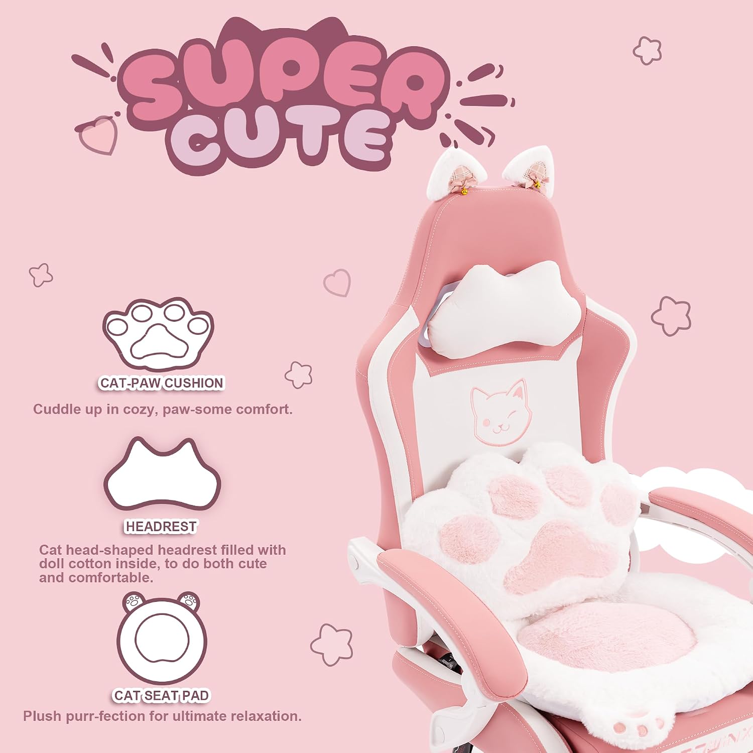 Dowinx Gaming Chair Cute with Cat Ears and Paw Lumbar, Ergonomic Computer Chair for Girl with Footrest and Headrest, Comfortable Reclining Game Chair 290lbs for Adult, Teen, Pink