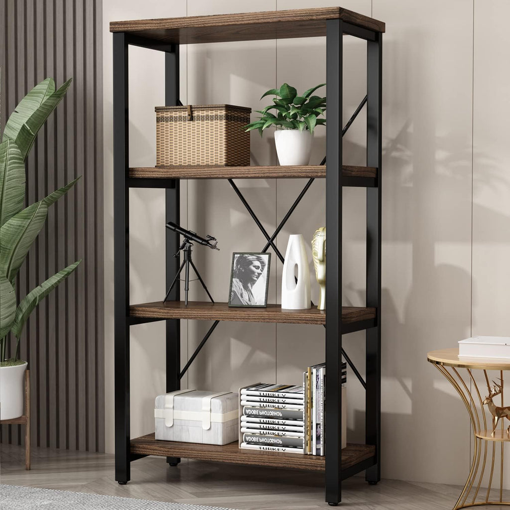 AY-AOYUAN 4 Tier Bookshelf, Solid Wood Bookcase Shelf Storage Organizer, Vintage Storage Rack with Open Shelves Rustic Standing Bookshelves for Living Room,Bedroom Rustic Brown(AY01-4tier)