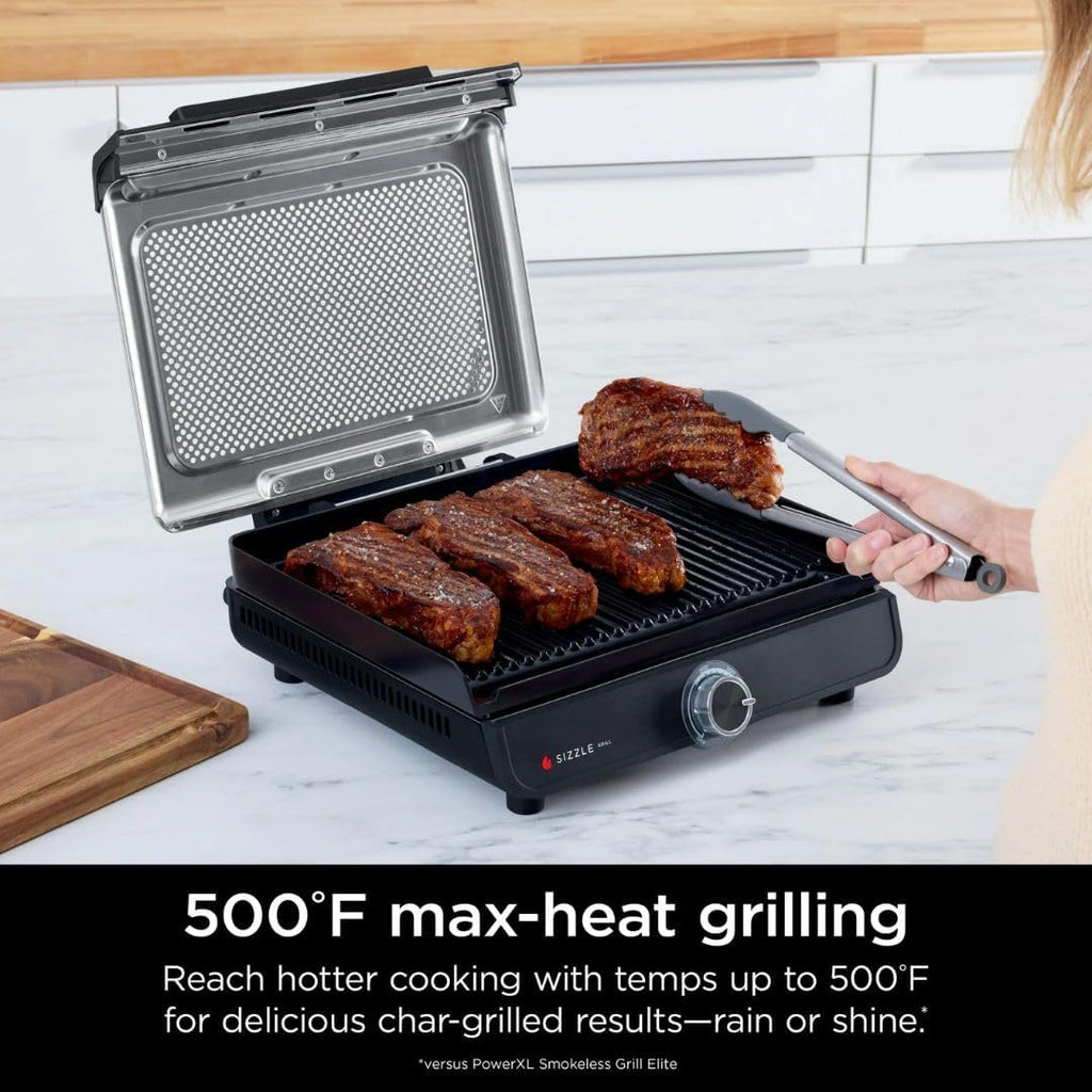 Ninja Sizzle GR100 Smokeless Indoor Grill, 500°F High Heat Kitchen Grill with Nonstick 14-Inch Plate, Low-Smoke Technology, Edge-to-Edge Heating, Family-Sized Capacity, Countertop Cooking Tool