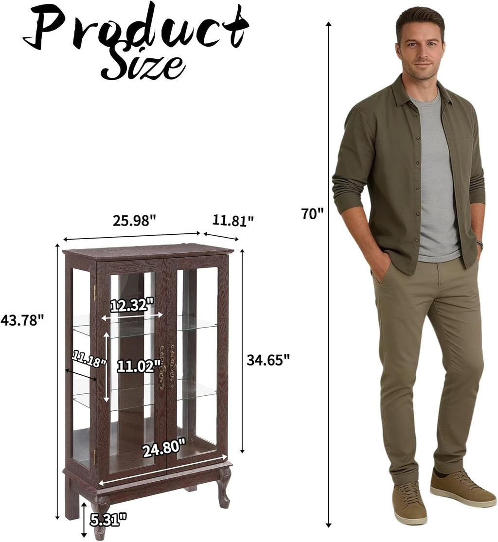 43'H Lighted Display Curio Cabinet, 3-Tier Glass Accent Storage Cabinet Curio Showcase w/ 2 Doors & Adjustable Shelves, Wine Artwork Storage Rack w/ Mirrored Back Panel for Living Room (Dark Cherry)
