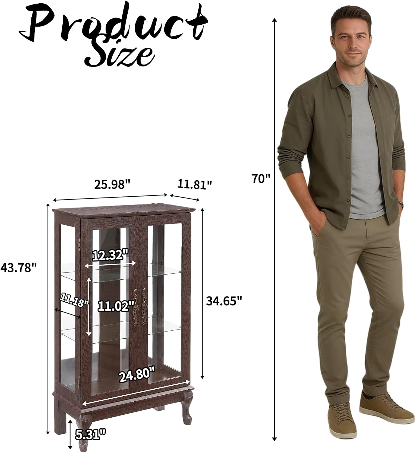 43'H Lighted Display Curio Cabinet, 3-Tier Glass Accent Storage Cabinet Curio Showcase w/ 2 Doors & Adjustable Shelves, Wine Artwork Storage Rack w/ Mirrored Back Panel for Living Room (Dark Cherry)