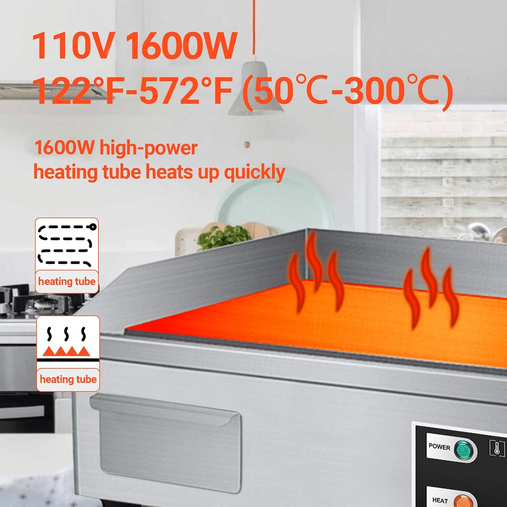 22' Electric Countertop Flat Top Griddle 1600W 110V Non-Stick Commercial Restaurant Teppanyaki Grill Stainless Steel Adjustable Temperature Control 50~300℃