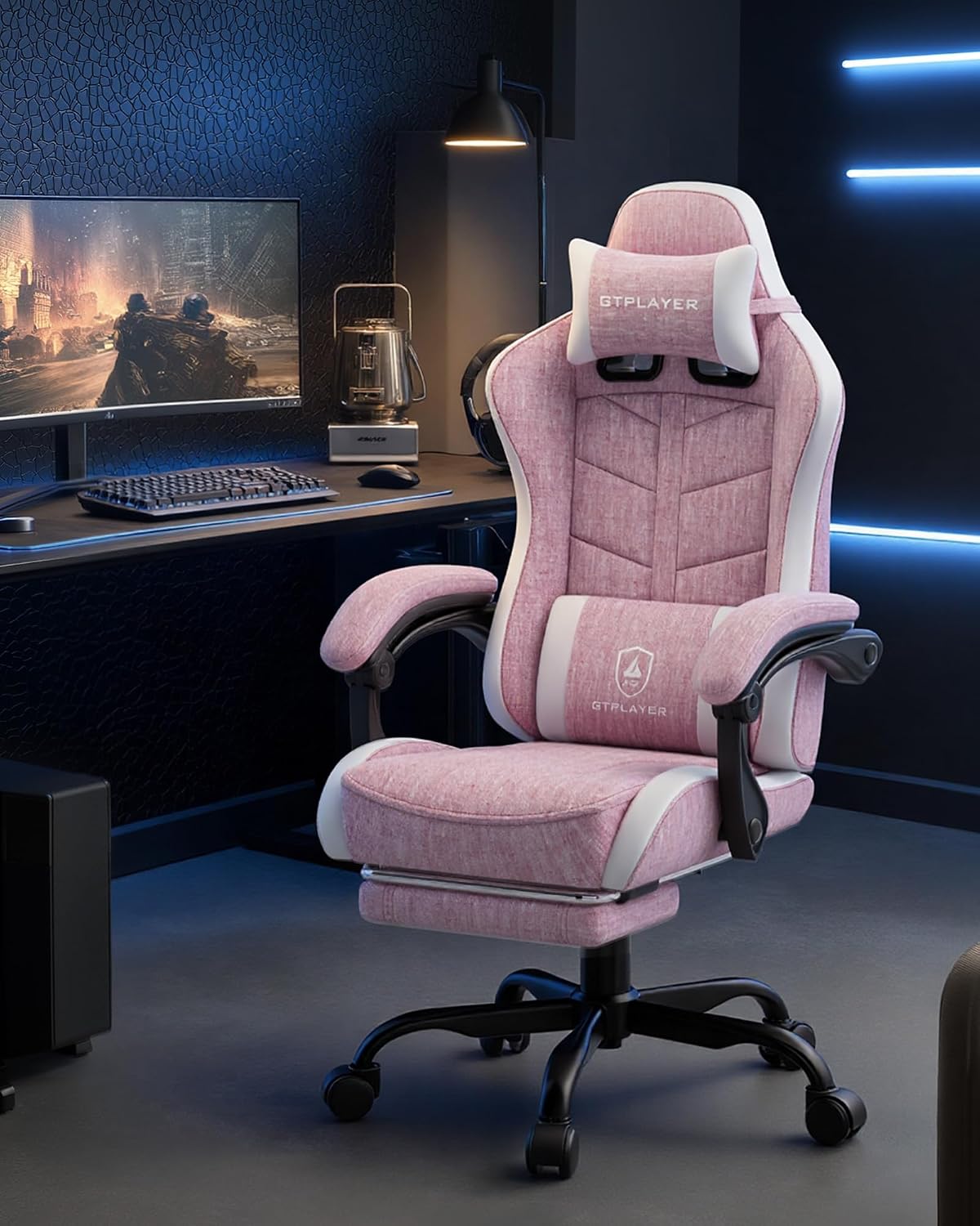 GTPLAYER Gaming Chair for Adults, Ergonomic Computer Gaming Chair with Footrest, Height Adjustable, 90-155° Recline & Removable Headrest Lumbar Support, Valentines Day Gift, Pink